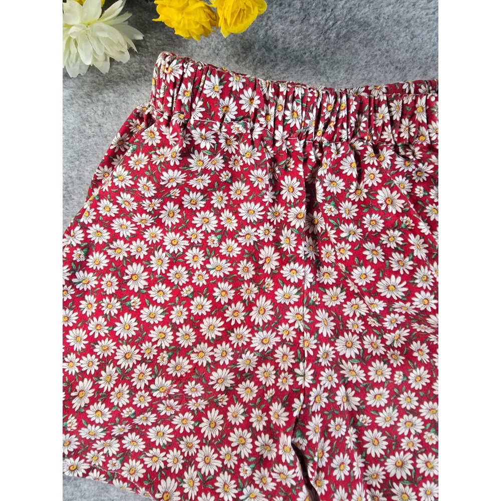 Vintage 90s Handmade Red Daisy Floral Print Elastic Waist Shorts Cottagecore XS - Picture 2 of 9